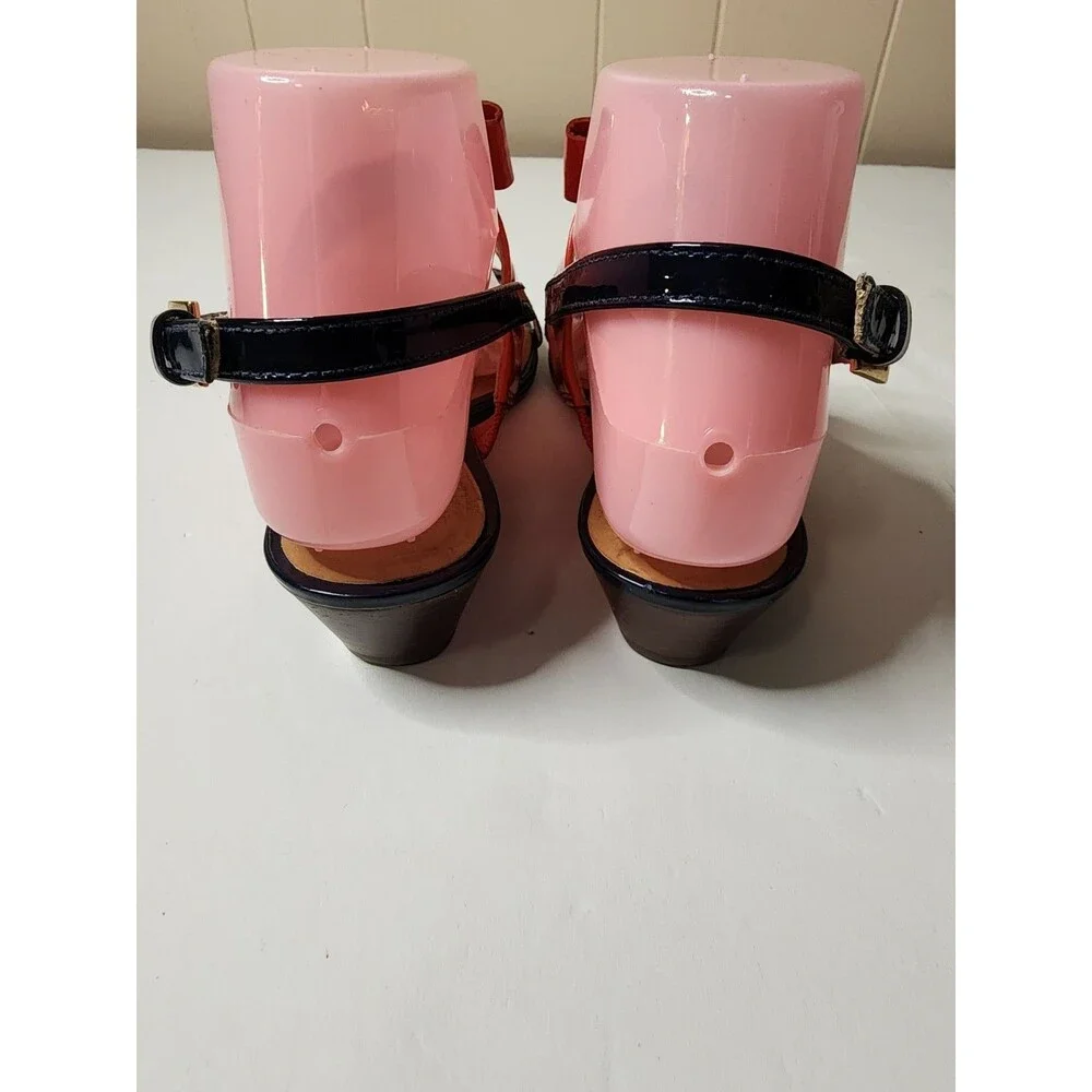 Kate Spade New York Patent Leather T-Strap Sandals Womens 7 Red Navy Bow Accent